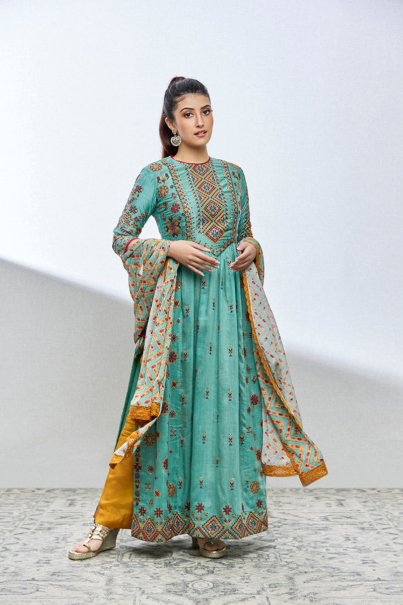Benzer fern green chanderi silk anarkali/ladies suit