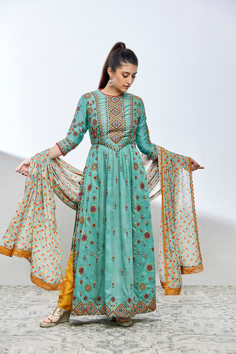 Benzer fern green chanderi silk anarkali/ladies suit