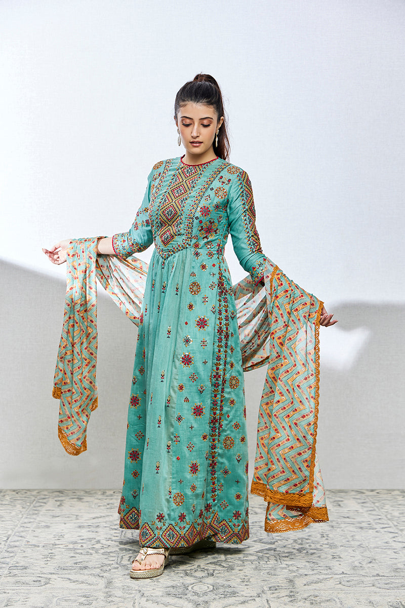 Benzer fern green chanderi silk anarkali/ladies suit