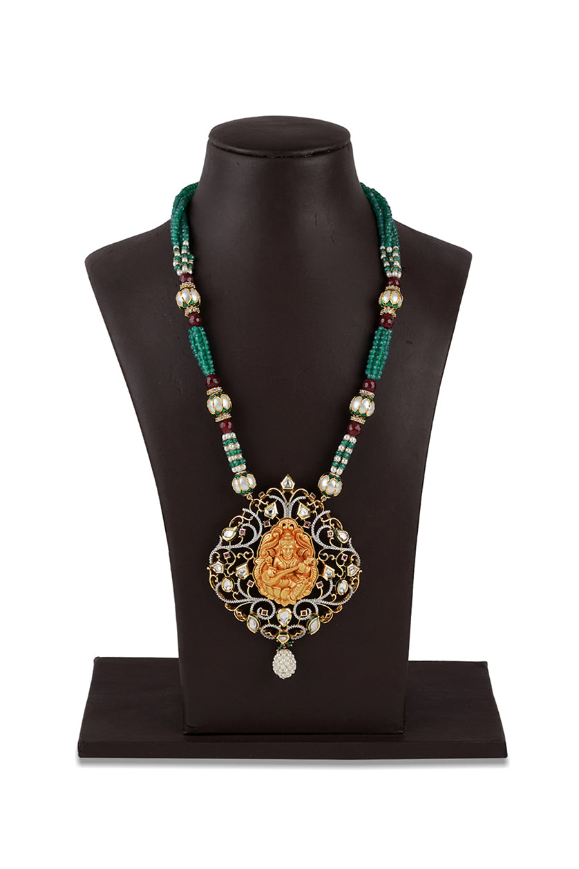 A closeup of a fusion necklace in diamonds and stones from BenzerWorld ethnicwear store.