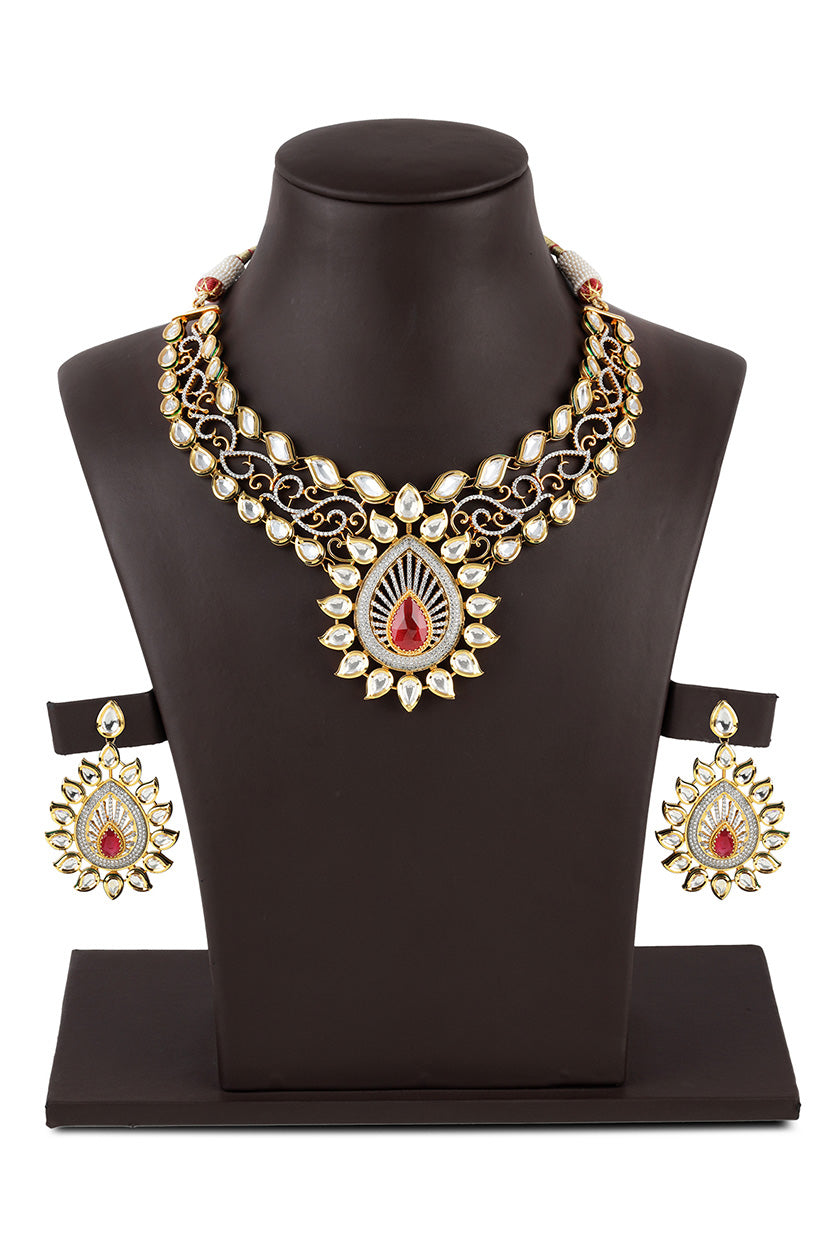A closeup of a fusion set in vilandi and maroon stone from BenzerWorld ethnicwear store.
