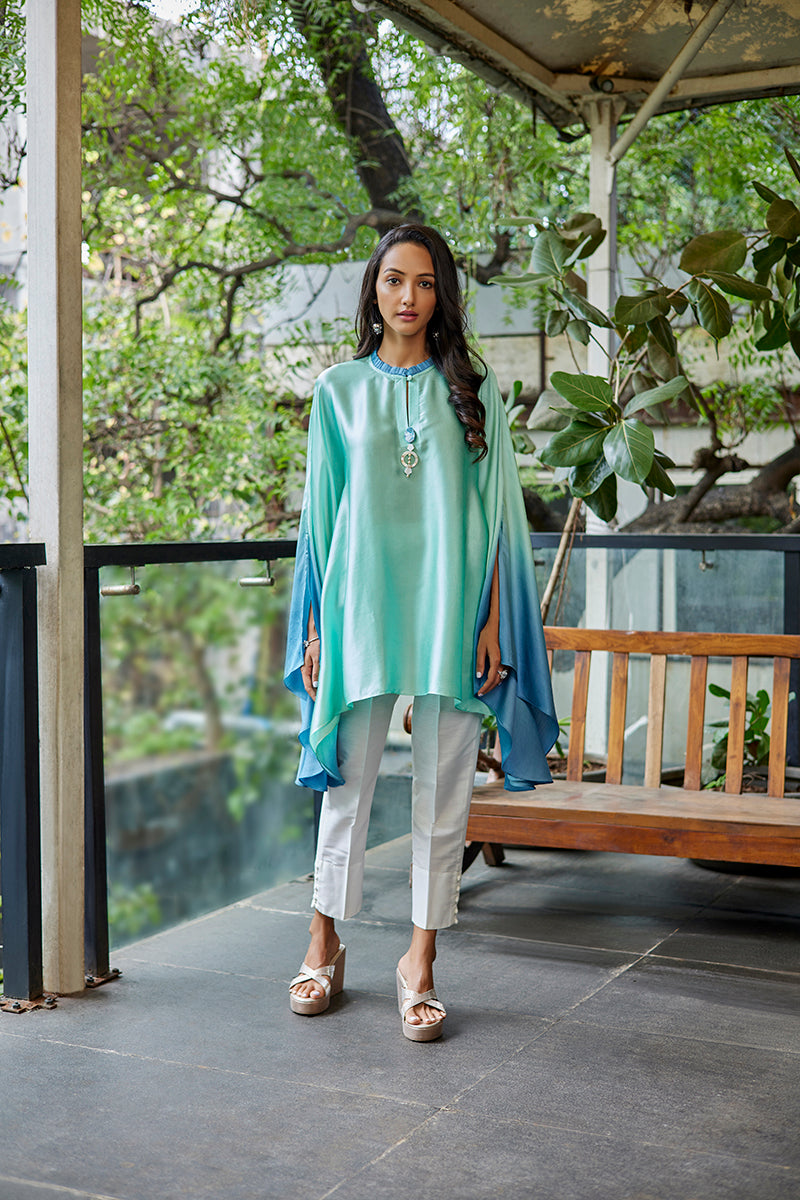 Green-Blue Satin Silk Short Kurti