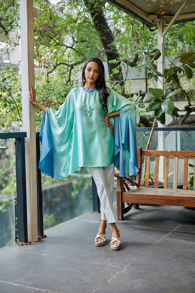 Green-Blue Satin Silk Short Kurti