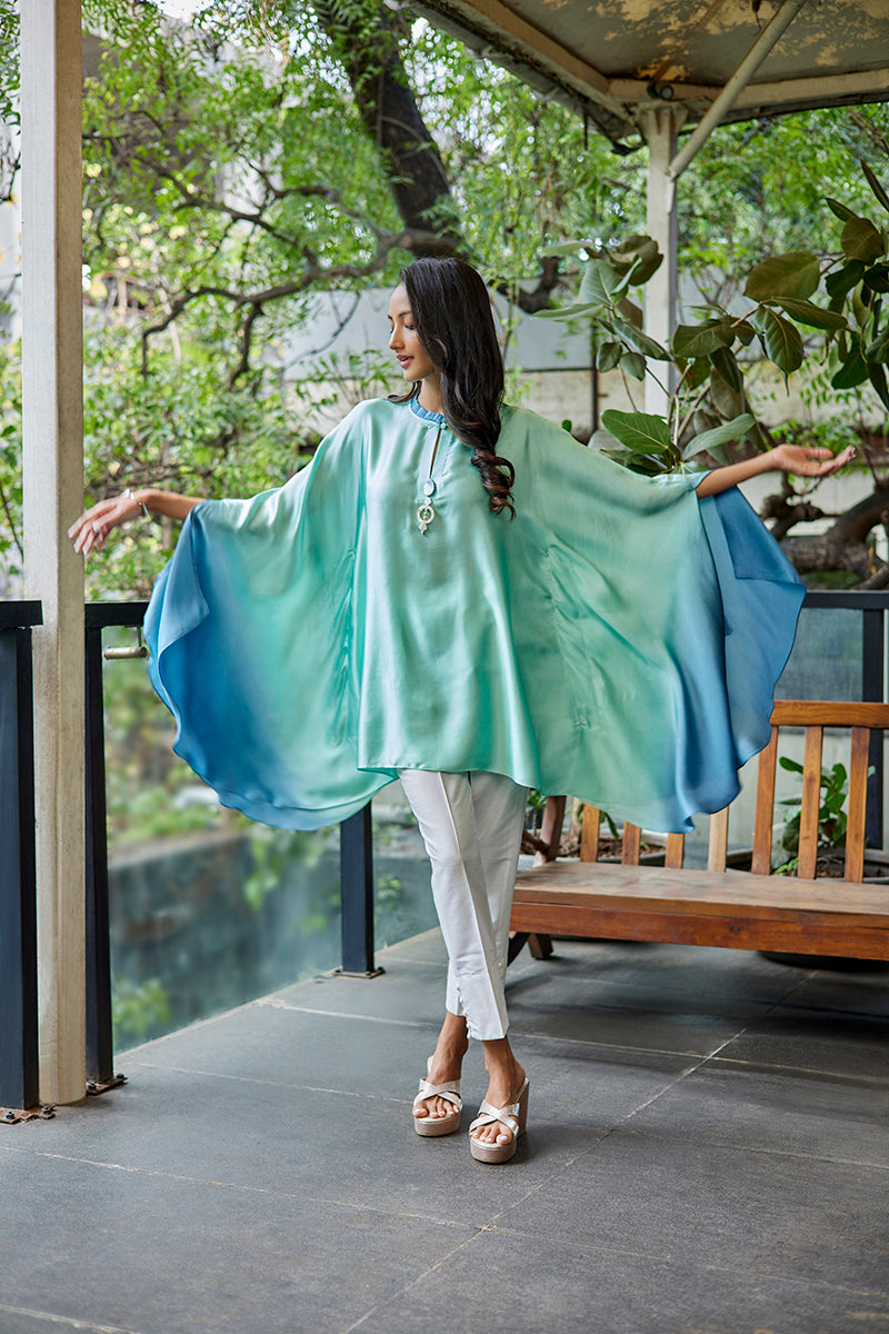 Green-Blue Satin Silk Short Kurti