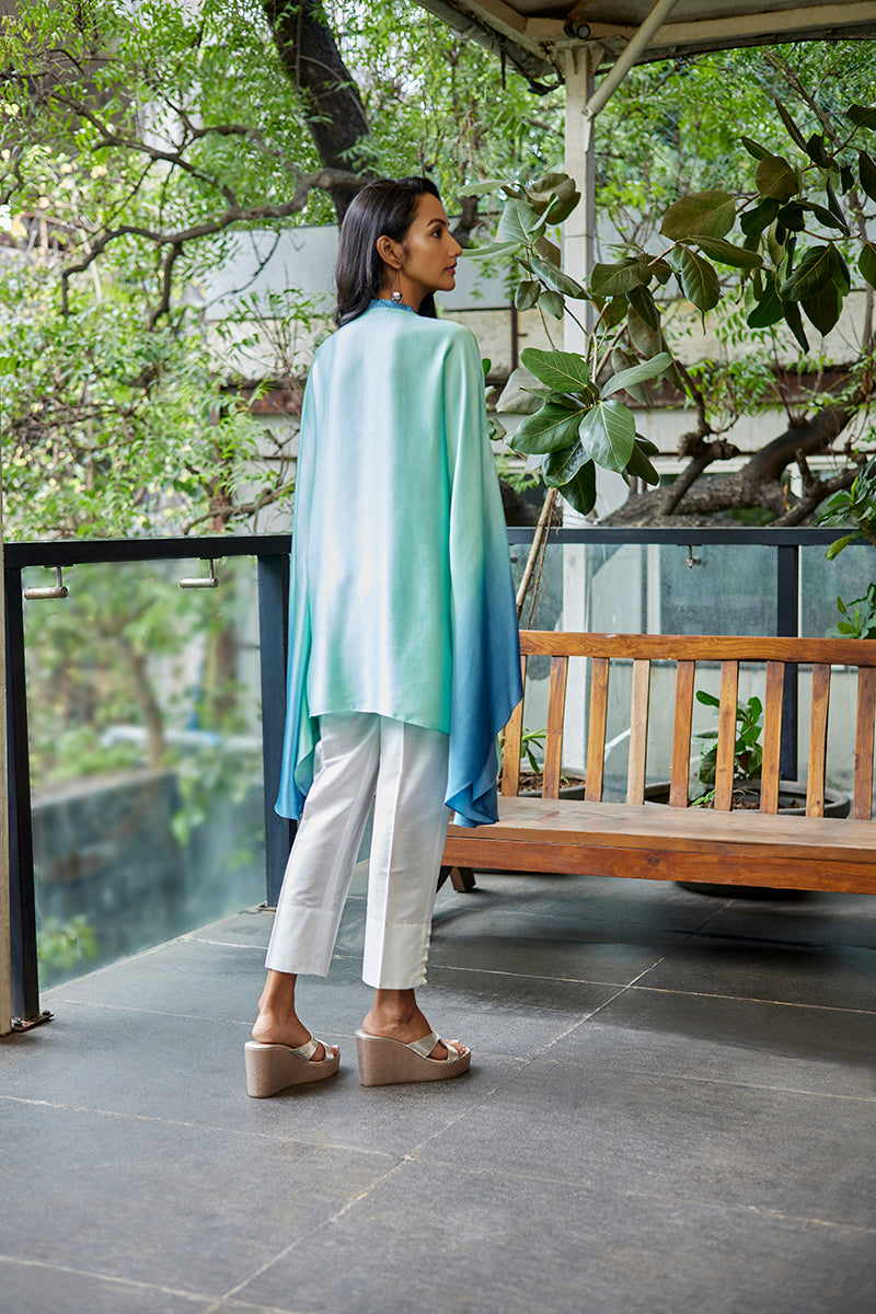 Green-Blue Satin Silk Short Kurti