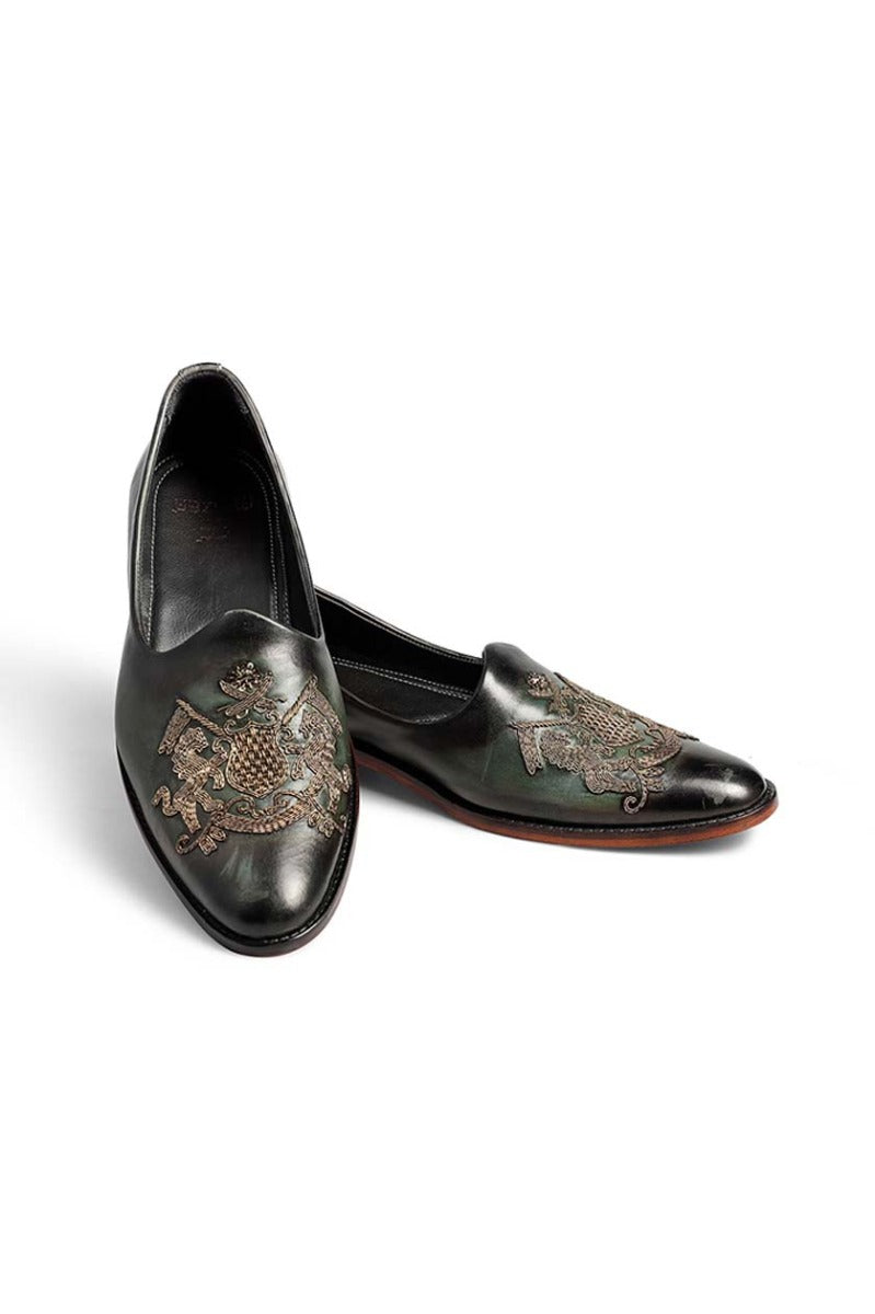 Green leather zardosi embroidered shoes from BenzerWorld ethnicwear store.