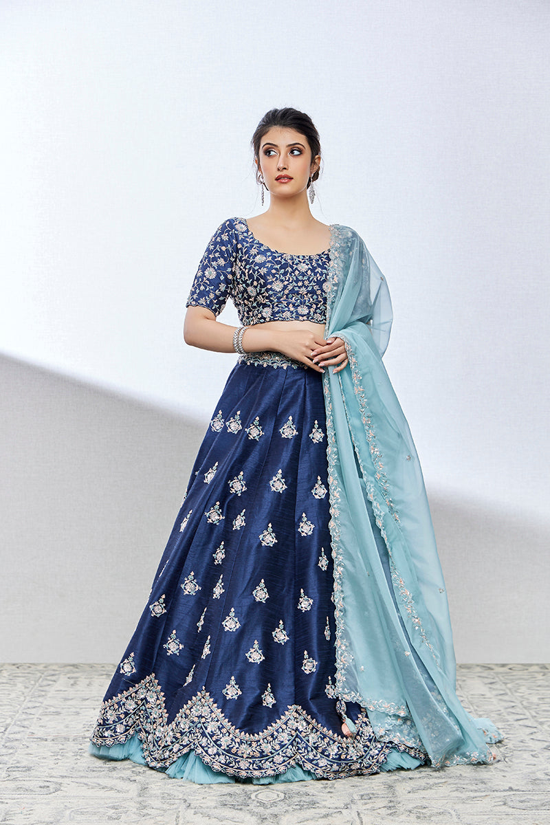 greyish blue silk lehenga