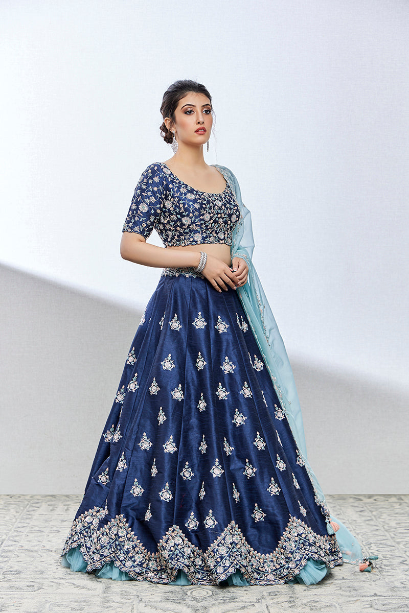 greyish blue silk lehenga