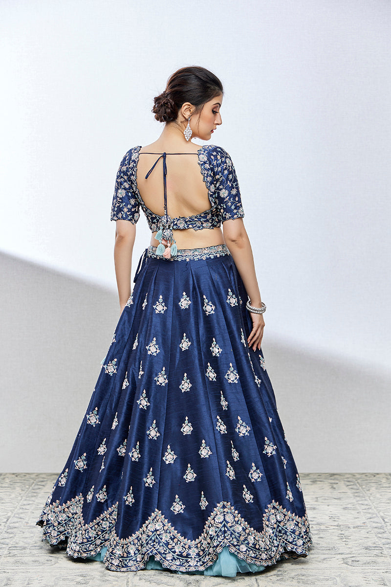 greyish blue silk lehenga