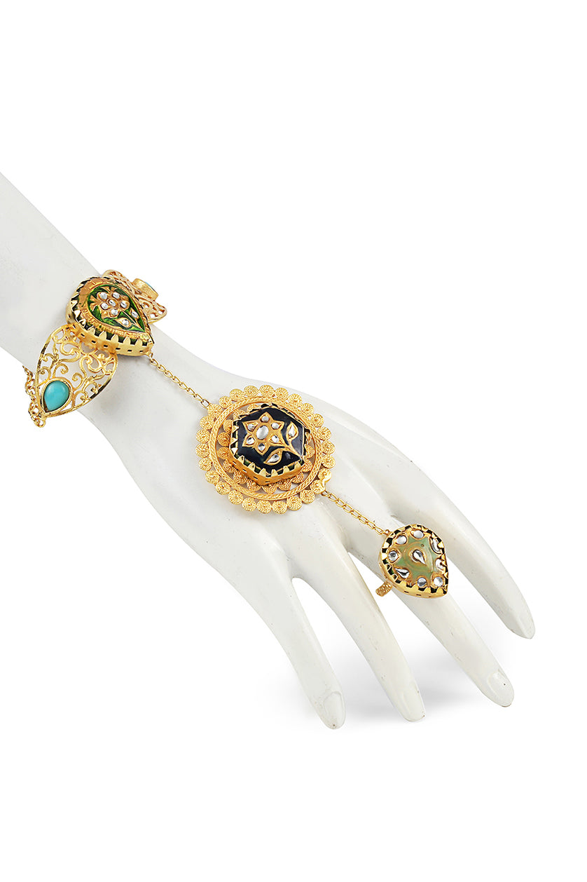 A closeup of hand chain in semi-precious stones from BenzerWorld ethnicwear store.
