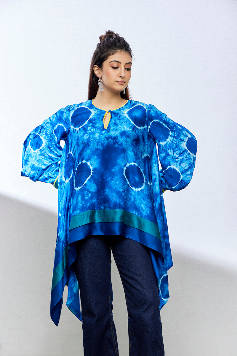 indigo tie and dye satin silk kurtis/tops