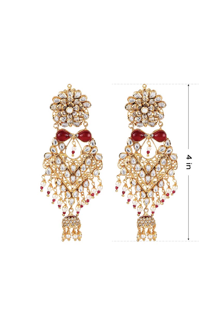 A closeup of kundan-style semi-precious maroon stone earrings from BenzerWorld ethnicwear store.