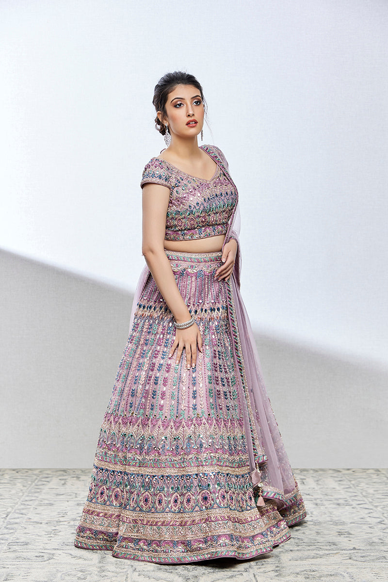 light purple net lehenga