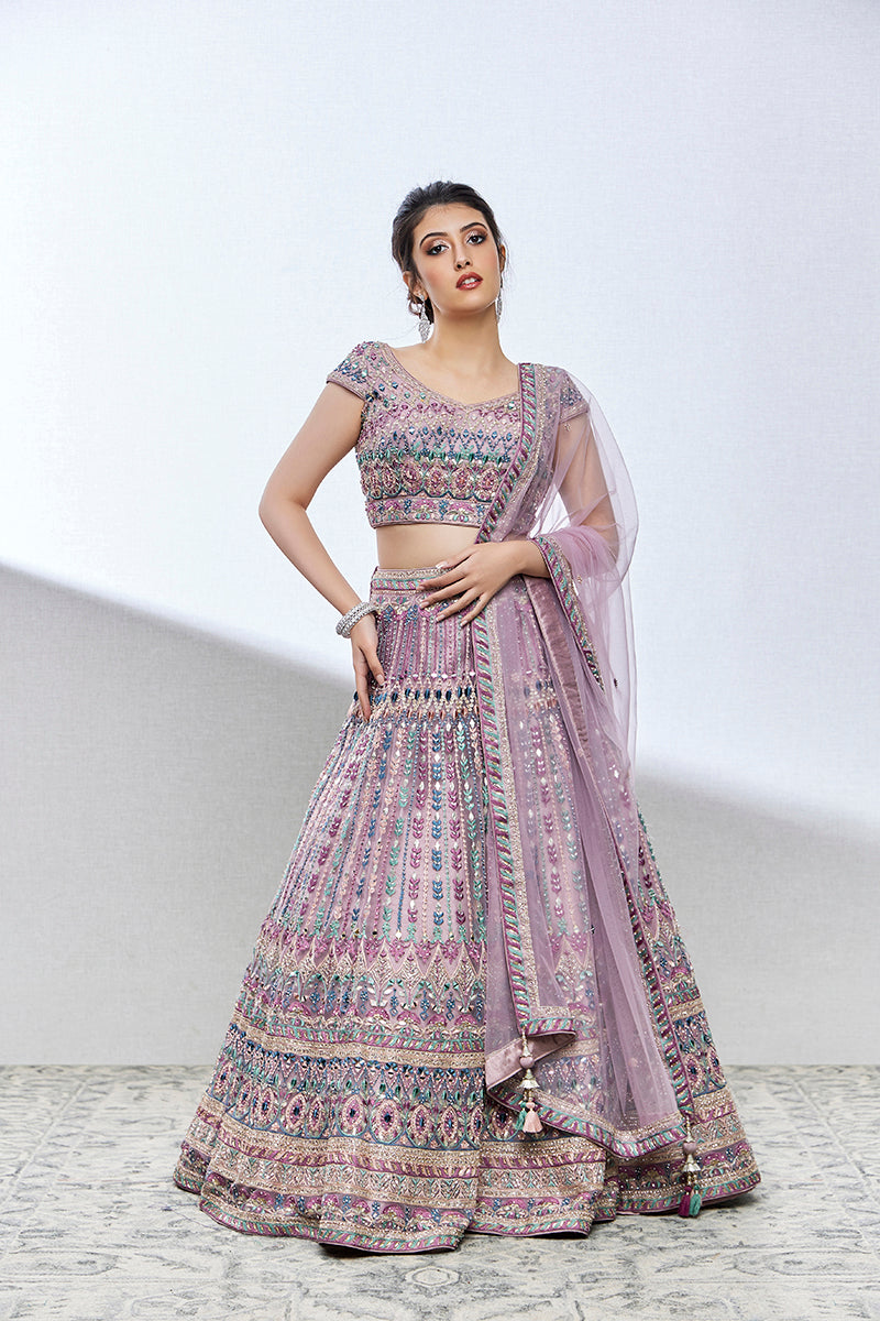 light purple net lehenga