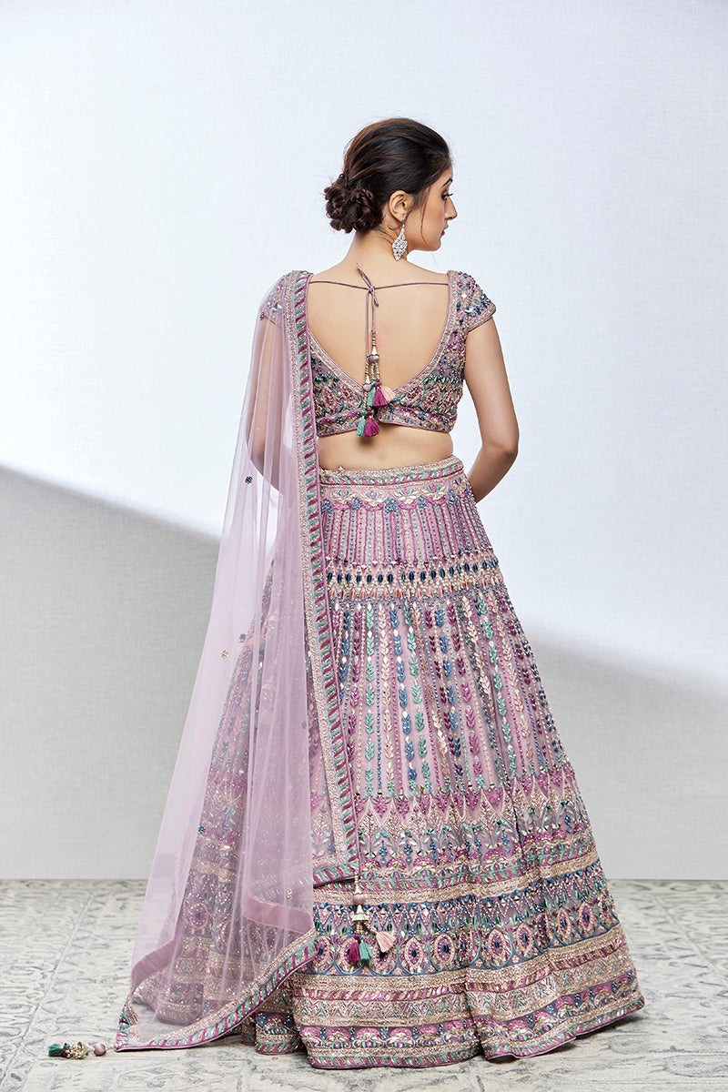 light purple net lehenga
