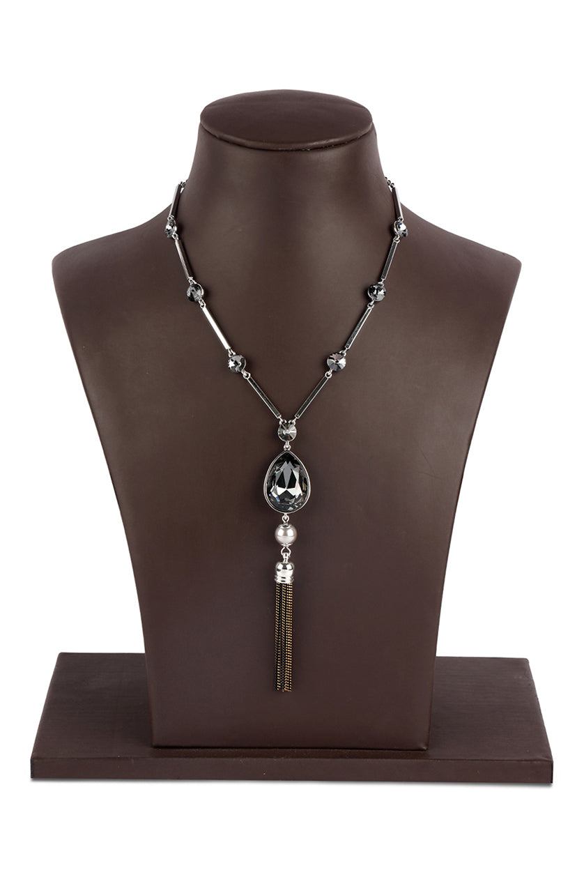 A closeup of a long chain with mirrored black crystals from BenzerWorld ethnicwear store.