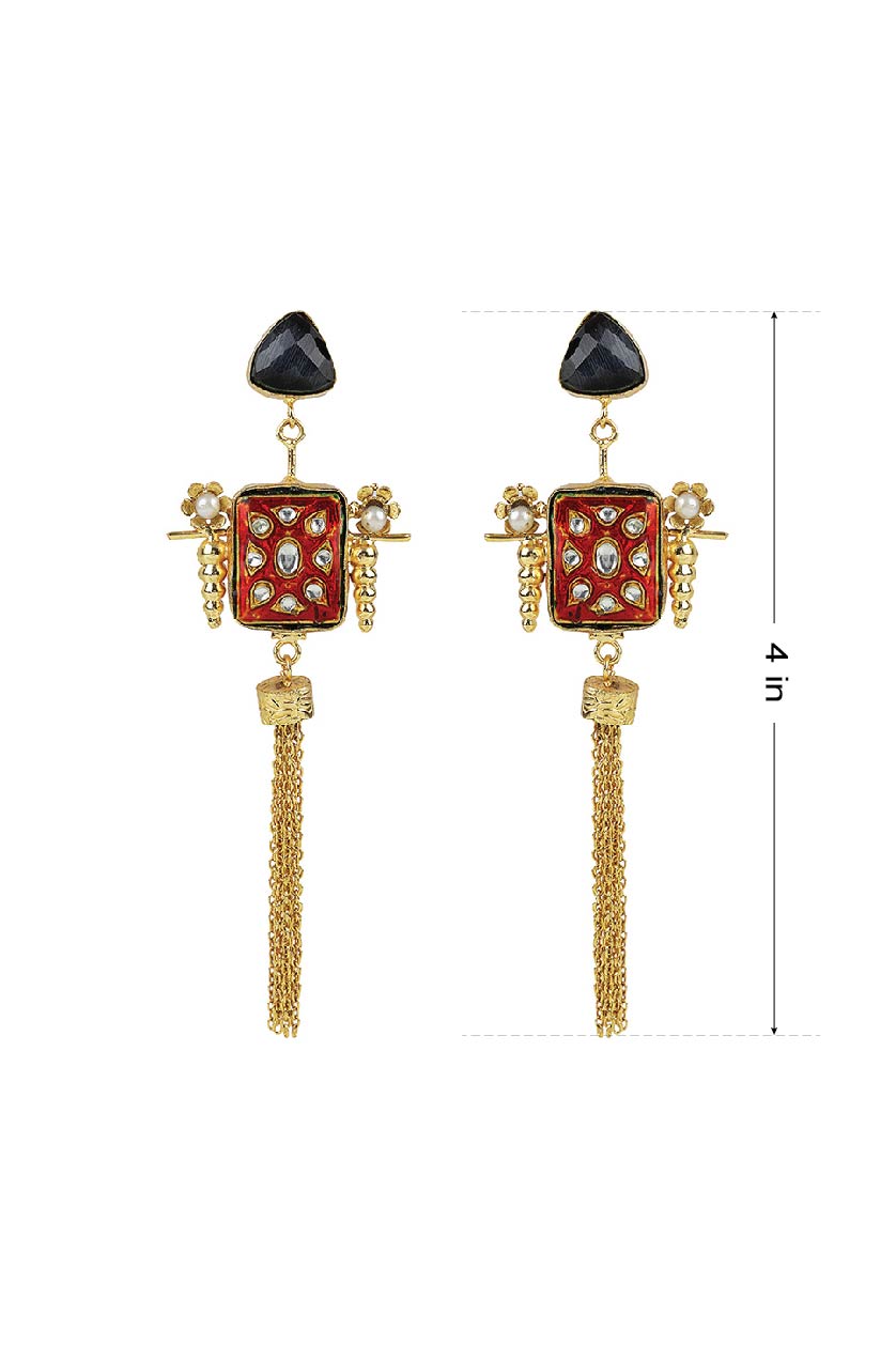 A closeup of long earrings with smoky topaz from BenzerWorld ethnicwear store.