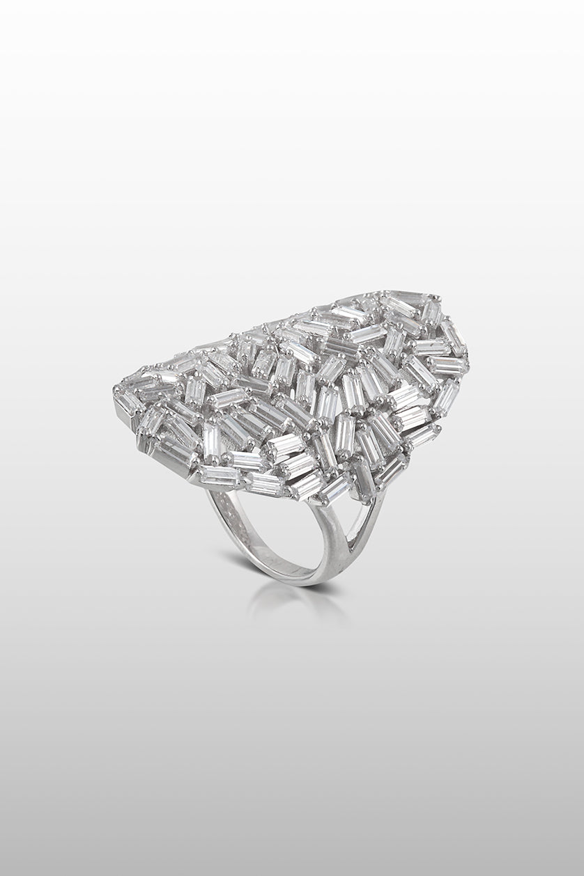 A closeup of a long silver diamond ring from BenzerWorld ethnicwear store.