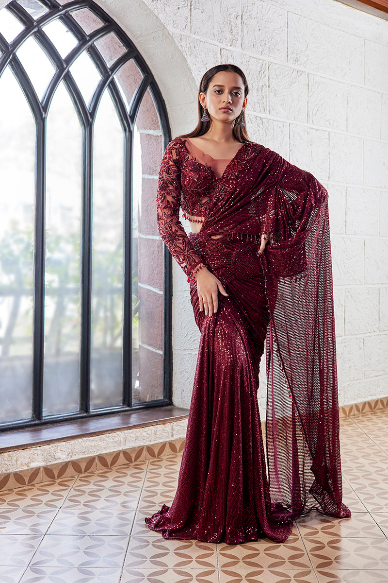 Maroon Net Pre-Draped Saree