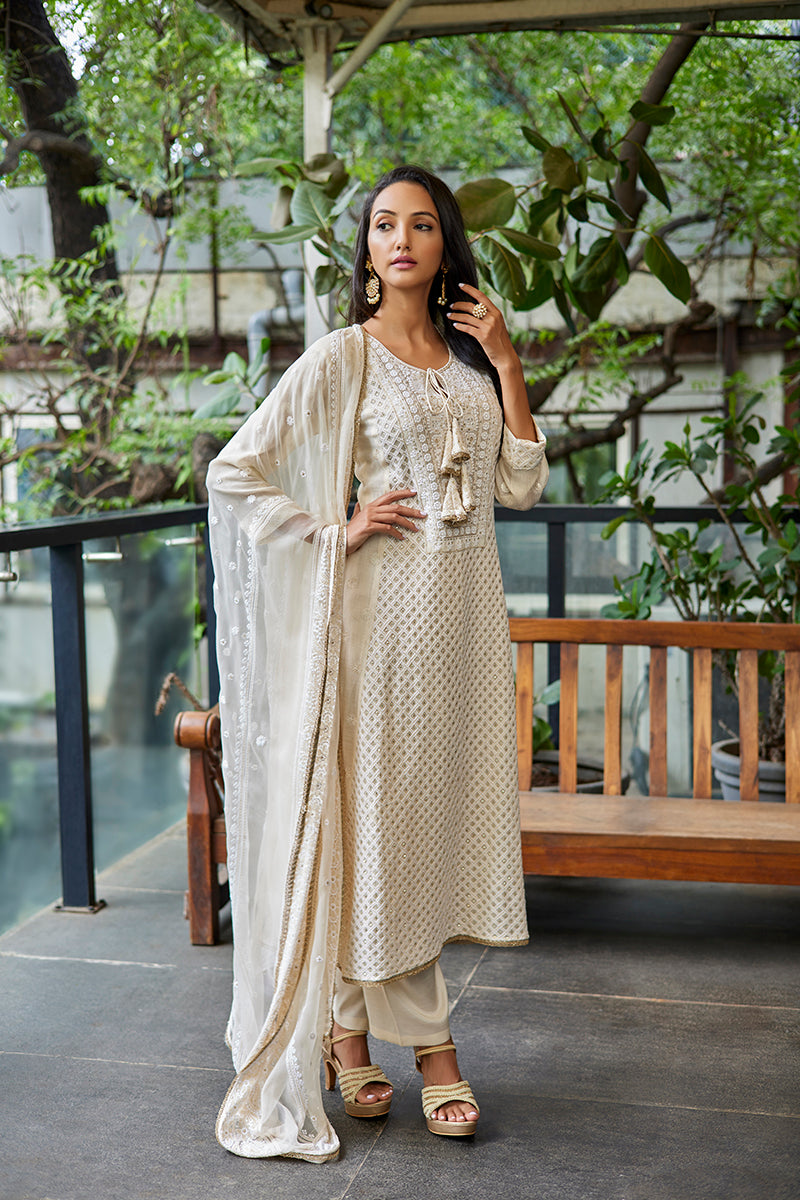 Off-White Chanderi Silk Ladies Suit