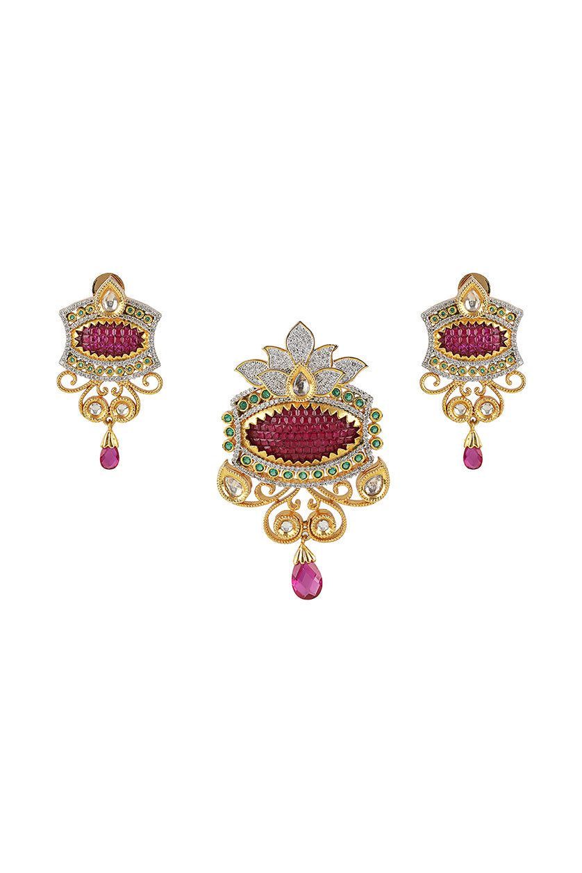 A closeup of a pendant set in red stone from BenzerWorld ethnicwear store.