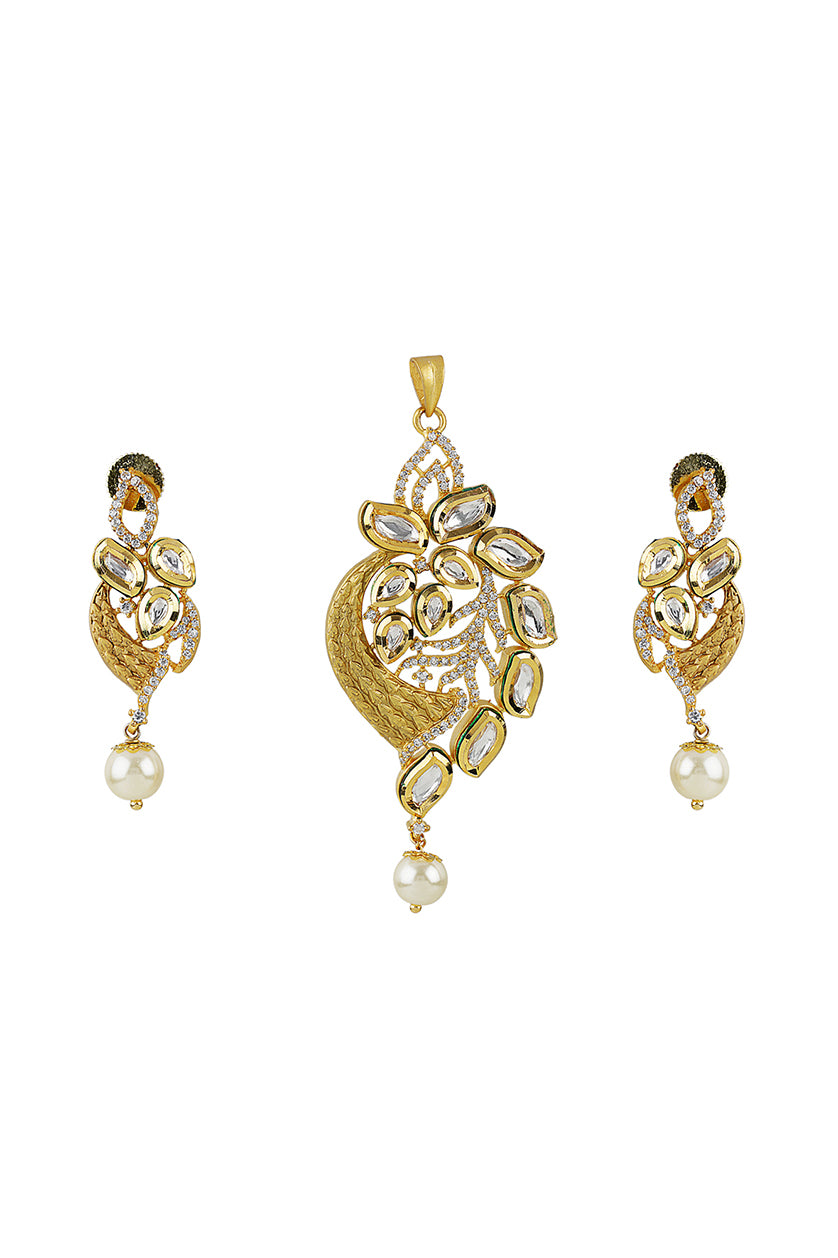 A closeup of a pendant set in vilandi and American diamonds with dangling pearl drops from BenzerWorld ethnicwear store.