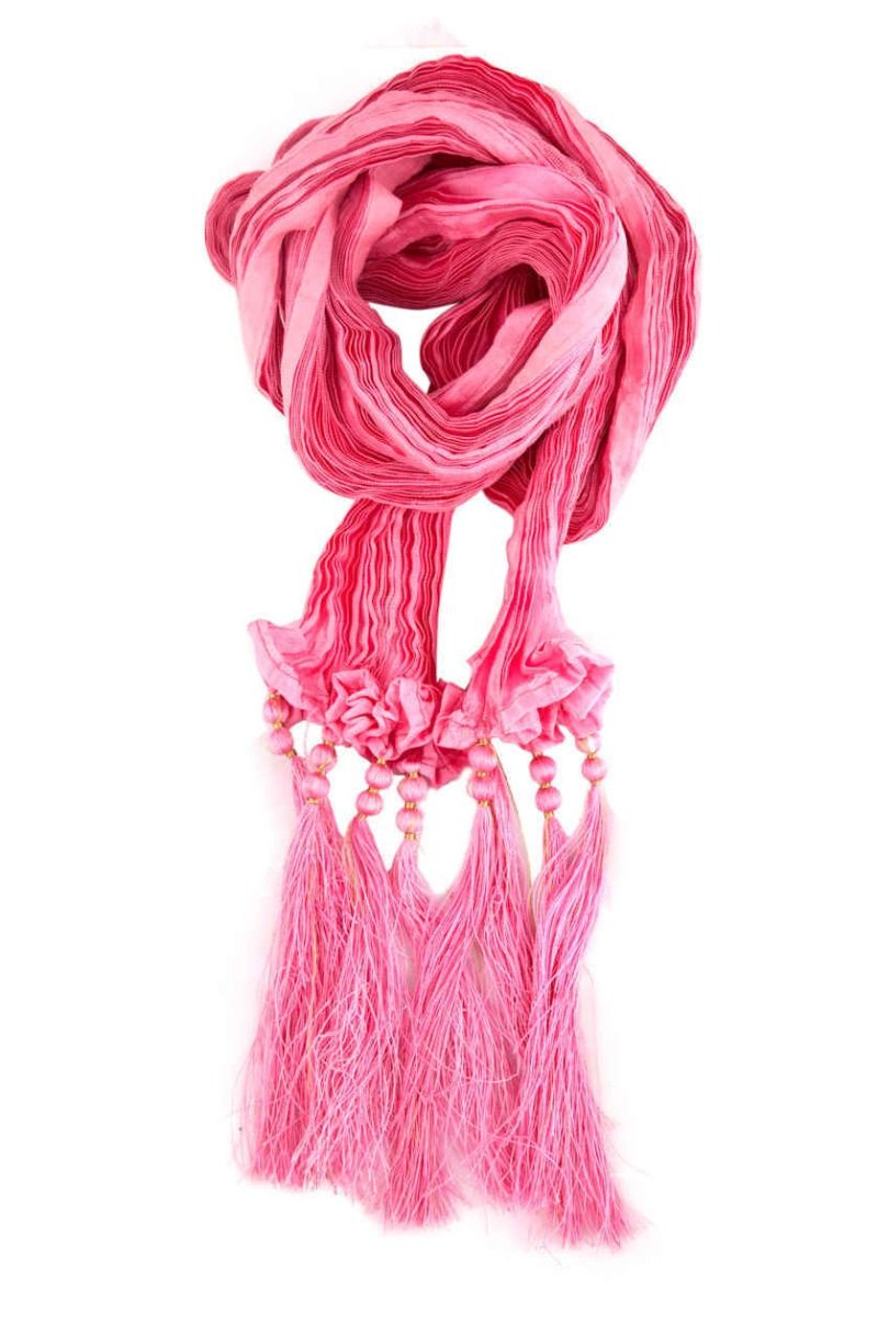 A pink silk pleated lace stole from BenzerWorld ethnicwear store.