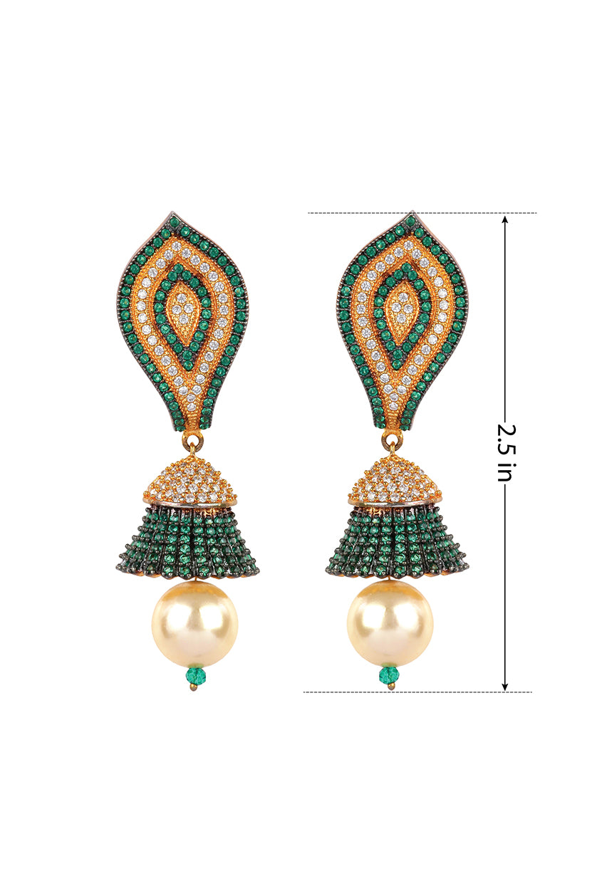 A closeup of rose gold cubic zirconia long earrings from BenzerWorld ethnicwear store.
