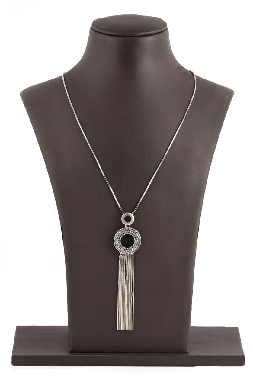 A closeup of a silver circular pendant necklace from BenzerWorld ethnicwear store.