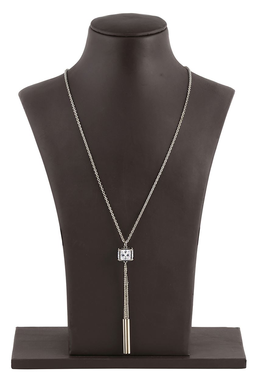 A closeup of silver cubic necklace from BenzerWorld ethnicwear store.