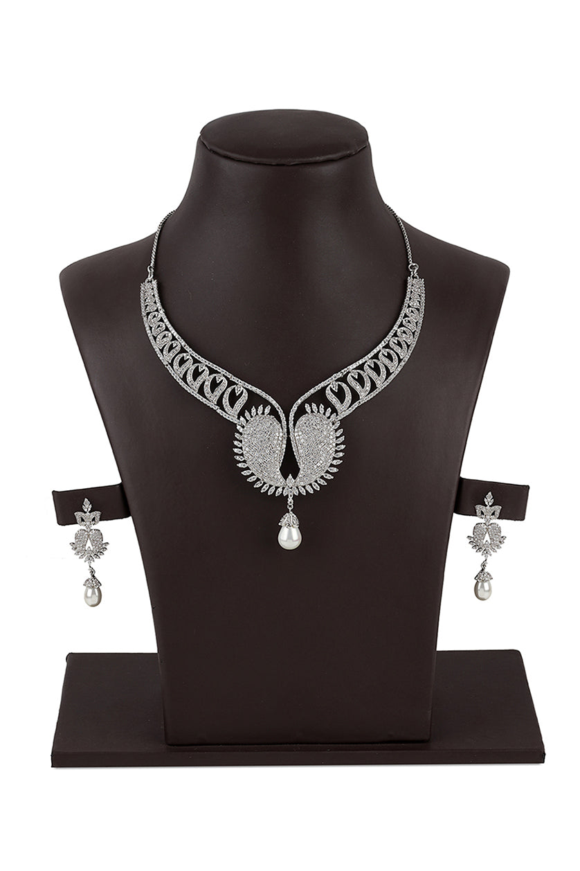 A closeup of a silver set in cubic zirconia from BenzerWorld ethnicwear store.
