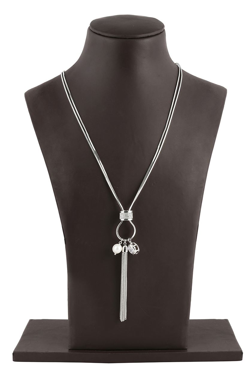 A closeup of a silver tassel necklace from BenzerWorld ethnicwear store.