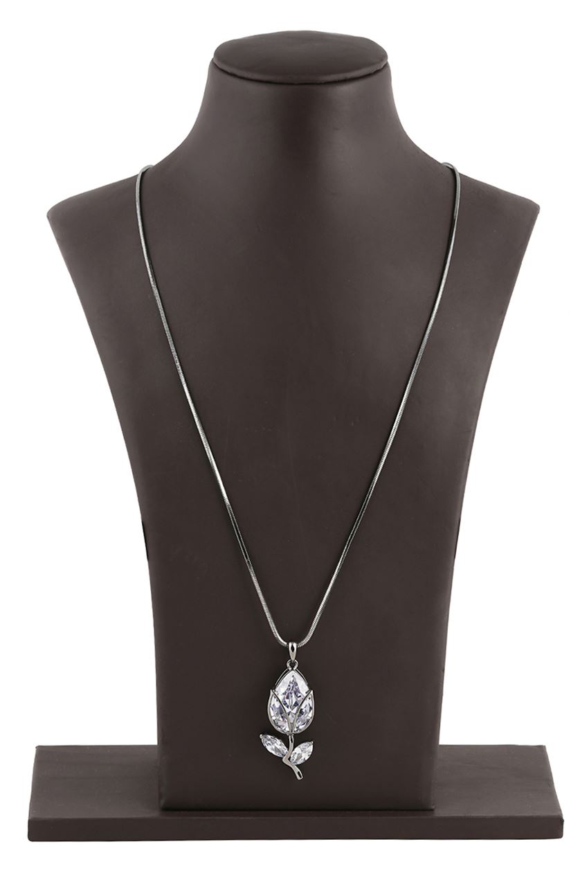 A closeup of a tulip pendant necklace from BenzerWorld ethnicwear store, as it rests on a bust.