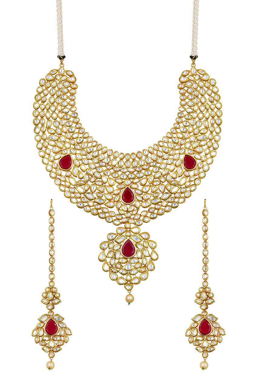 A closeup of a vilandi set with ruby stones from BenzerWorld ethnicwear store.