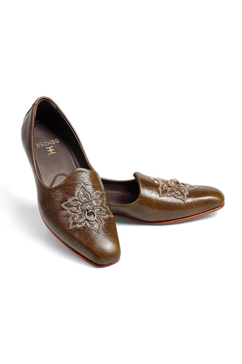 Brown leather embroidered shoes from BenzerWorld ethnicwear store.