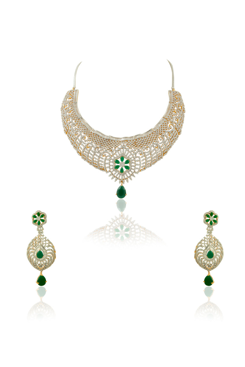 A closeup of a zircon set from BenzerWorld ethnicwear store.