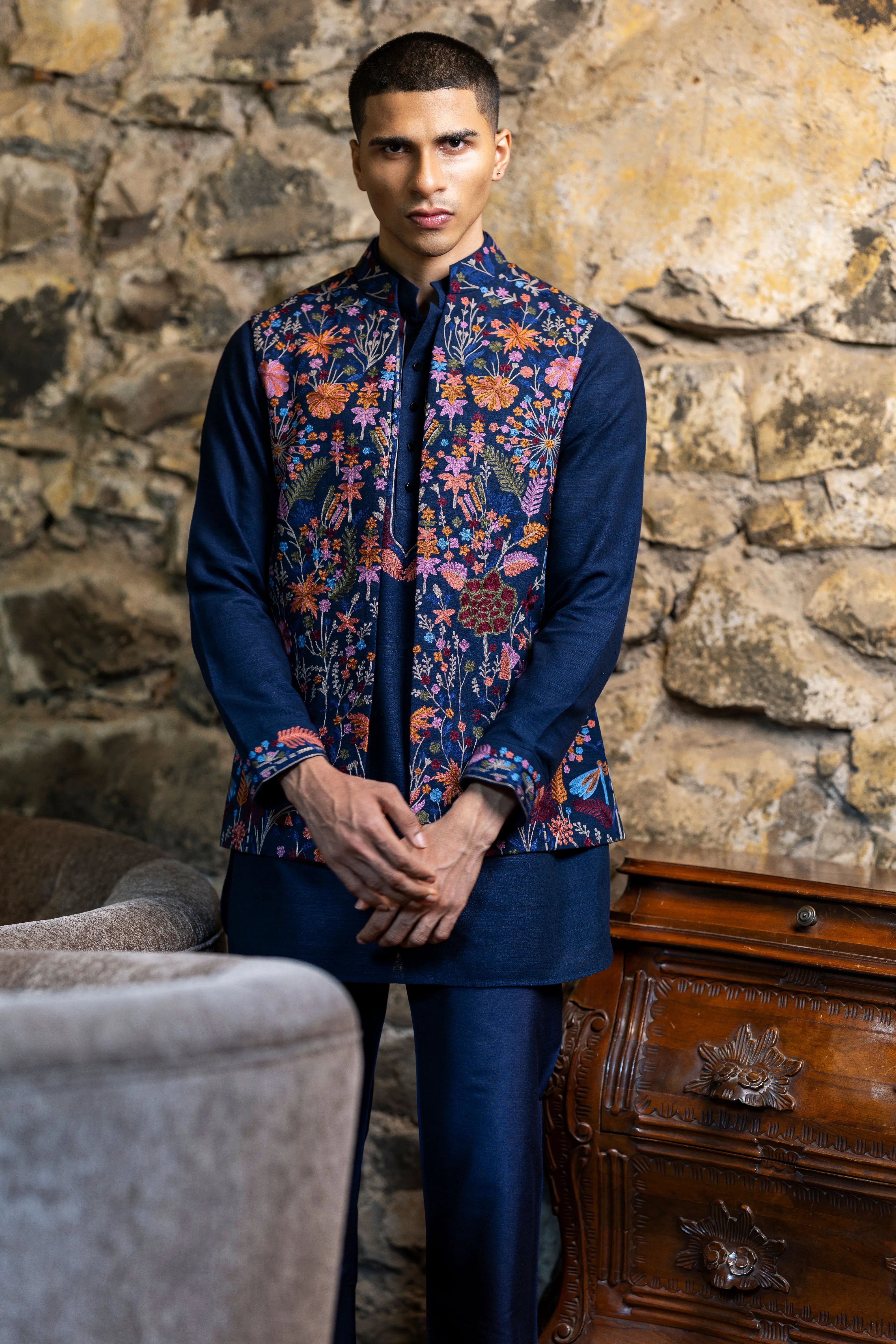 Matka Silk Jacket Set with Multicolour Resham Embroidery