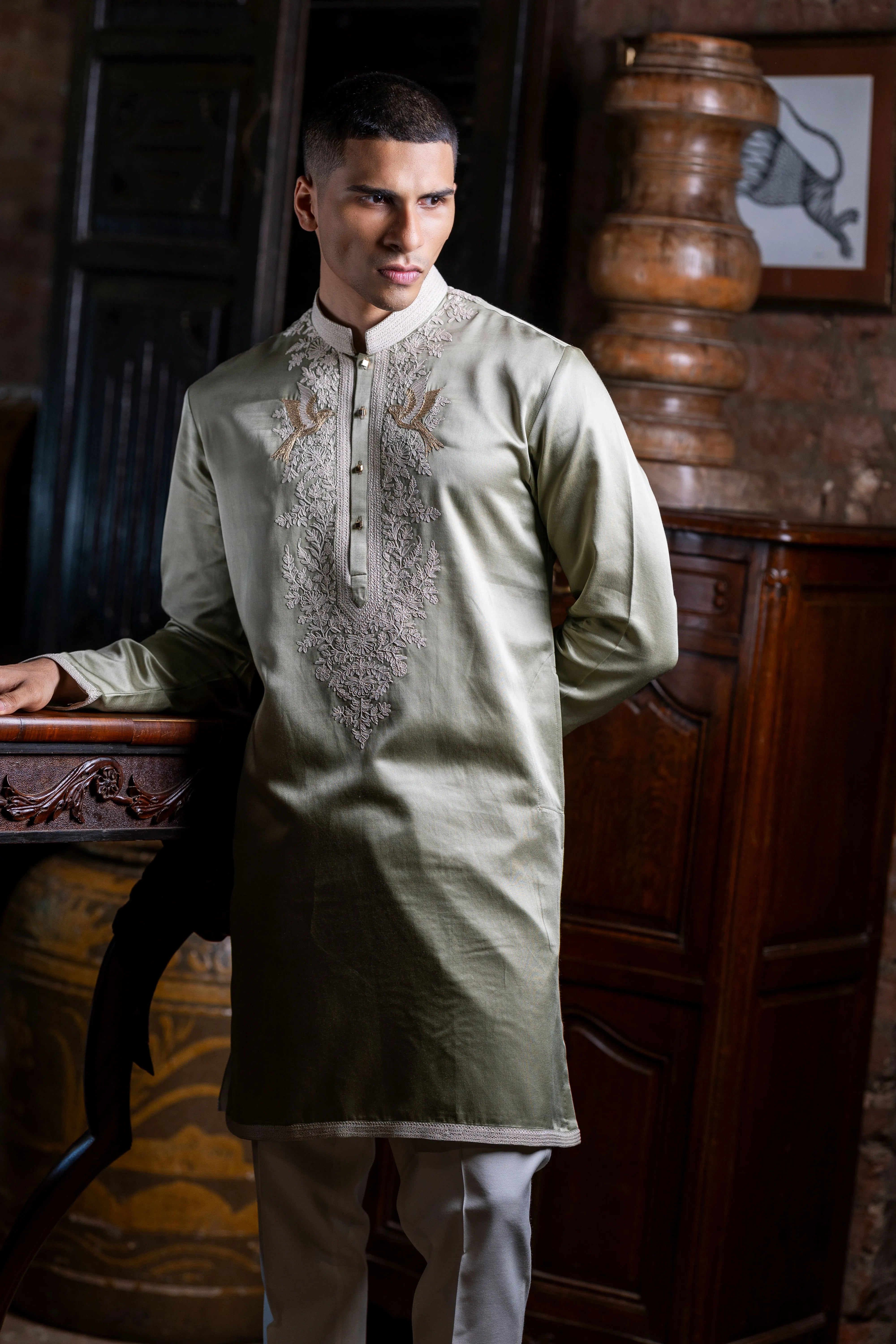 Pista Green Modal Silk Kurta with Resham & Zari Work