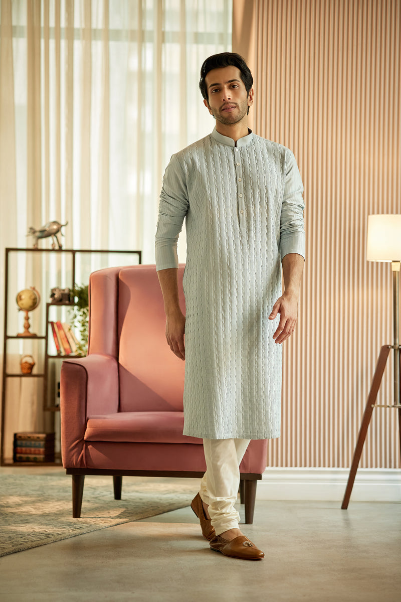 Light Blue Cotton Silk Kurta Set - benzerworld
