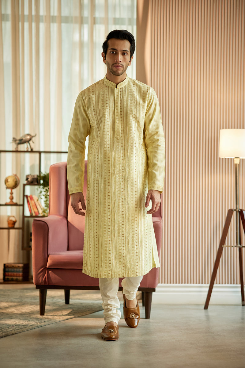 Light Yellow Chanderi Silk Kurta Set - benzerworld