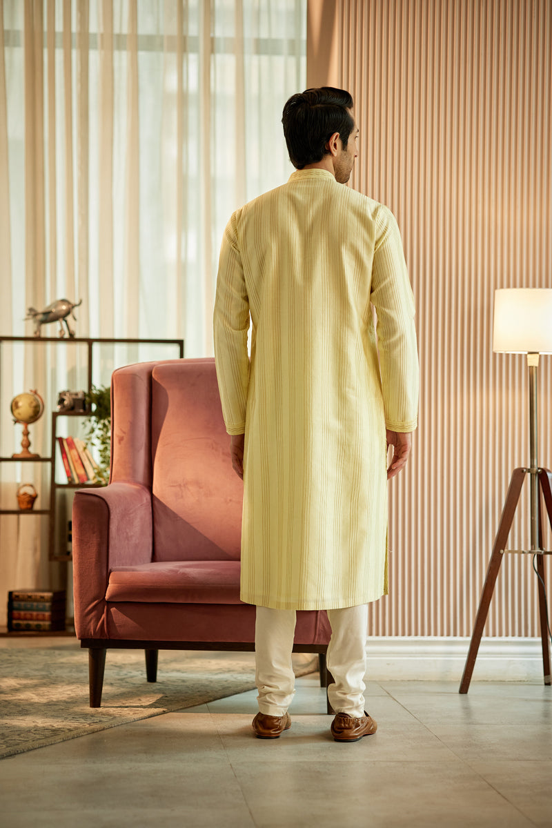 Light Yellow Chanderi Silk Kurta Set - benzerworld