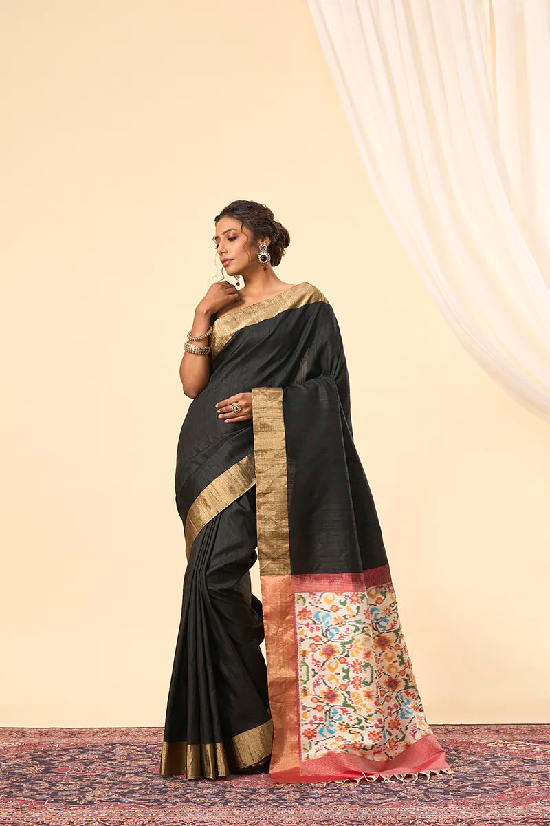 Black South Silk Saree with Ikkat Pallu & Zari Border