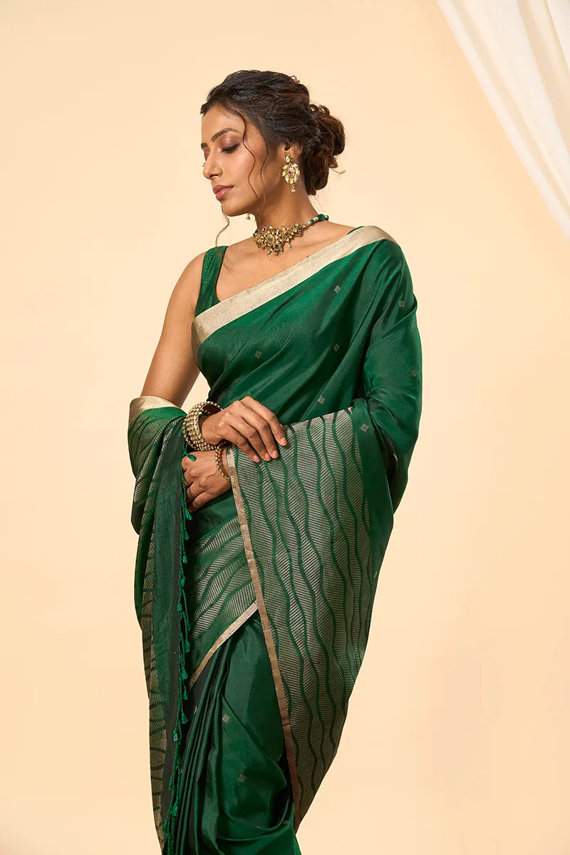 Bottle Green South Silk Saree with Hand-Woven Gold Zari Detailing