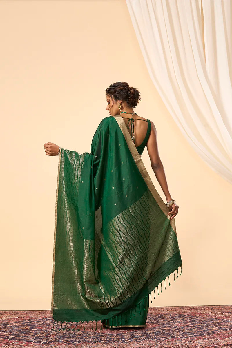 Bottle Green South Silk Saree with Hand-Woven Gold Zari Detailing