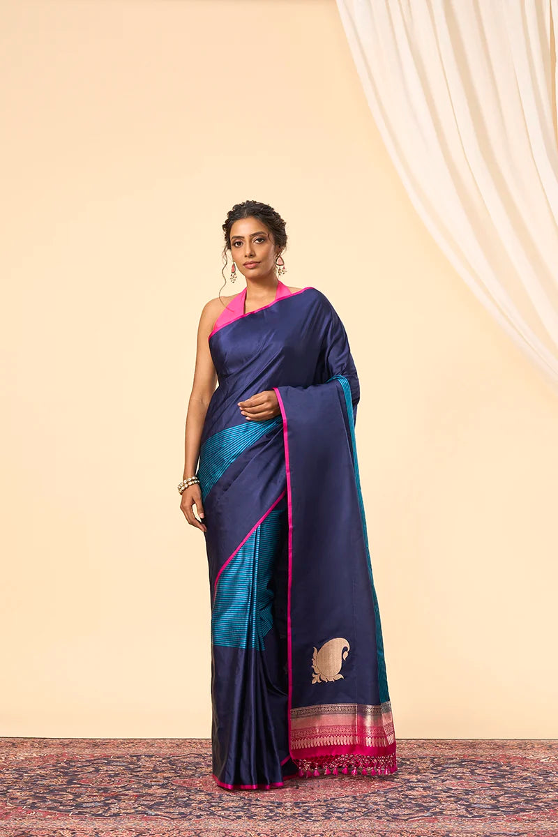 Navy Banarasi Soft Satin Saree with Zari Weave and Tasselled Pallu