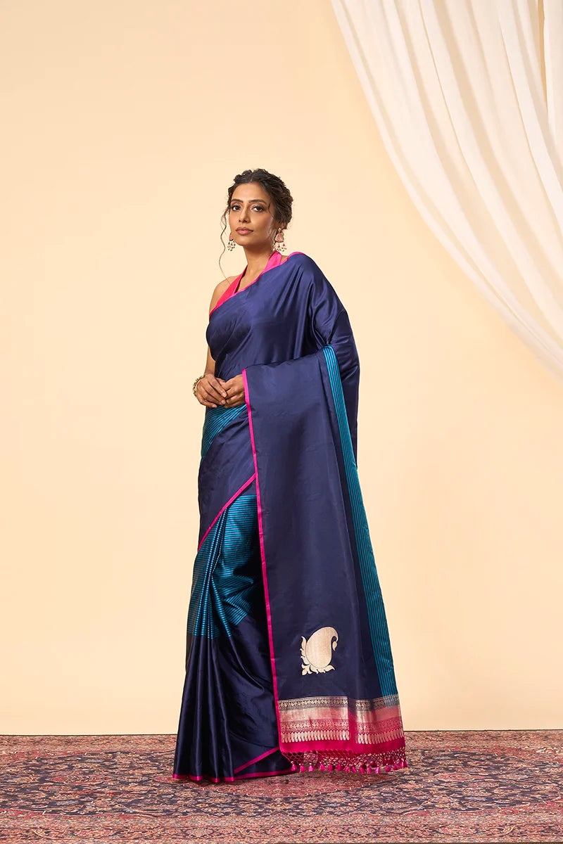 Navy Banarasi Soft Satin Saree with Zari Weave and Tasselled Pallu