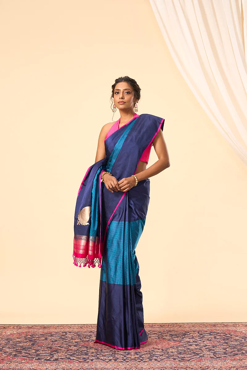Navy Banarasi Soft Satin Saree with Zari Weave and Tasselled Pallu
