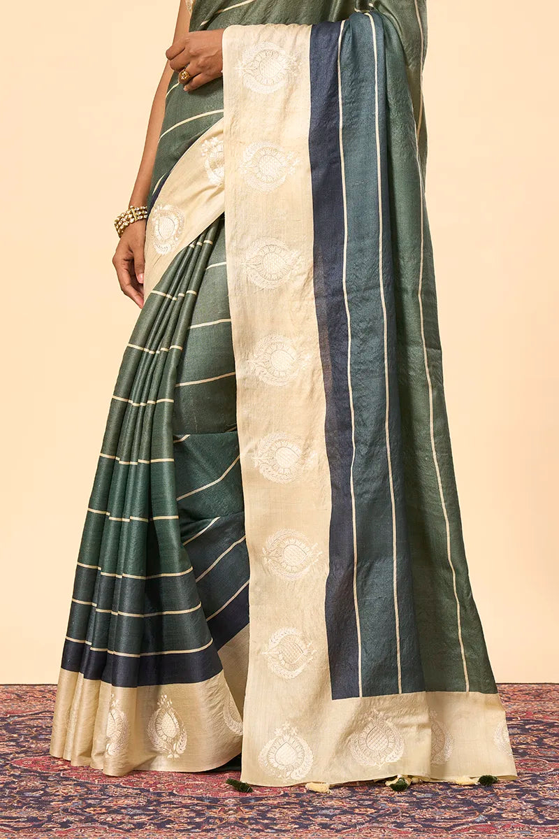 Ivory & Olive Handwoven Tussar Silk Saree