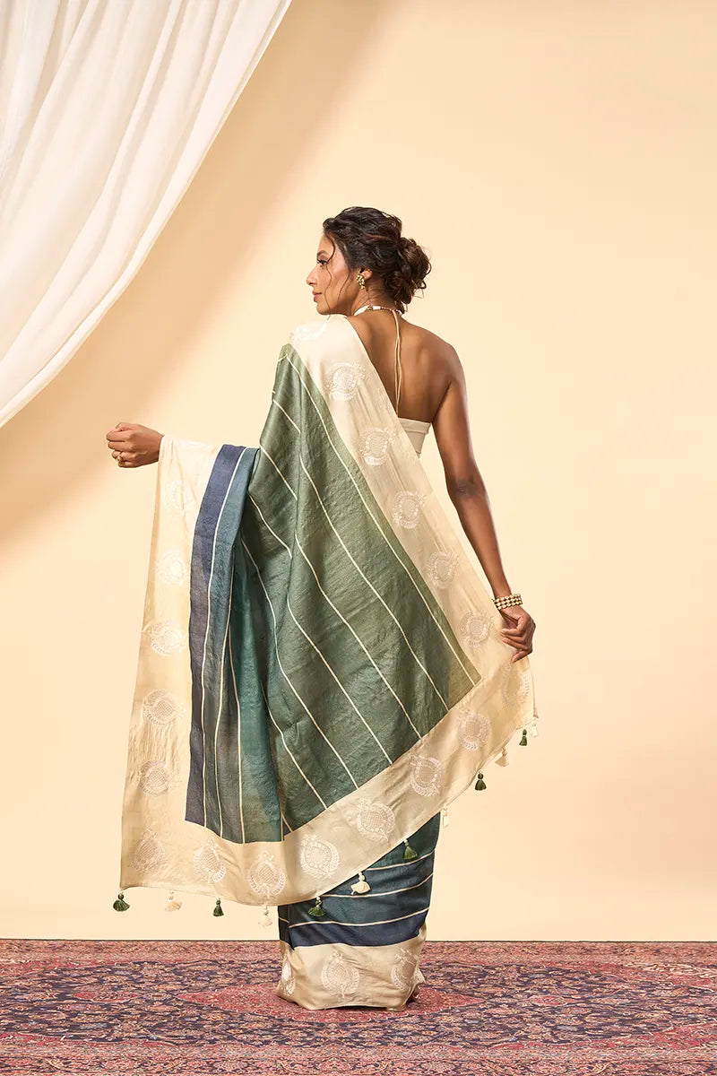 Ivory & Olive Handwoven Tussar Silk Saree