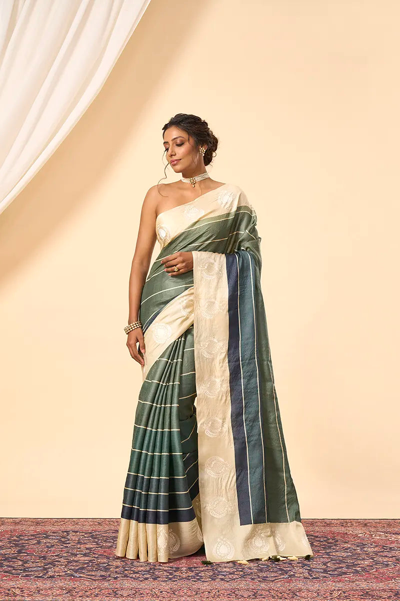Ivory & Olive Handwoven Tussar Silk Saree